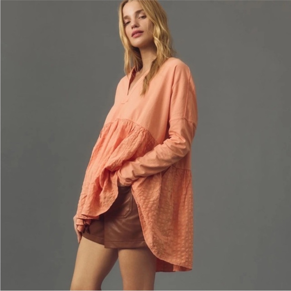 Pilcro | Anthropologie Babydoll Gingham Long Sleeve Blouse Top Peach